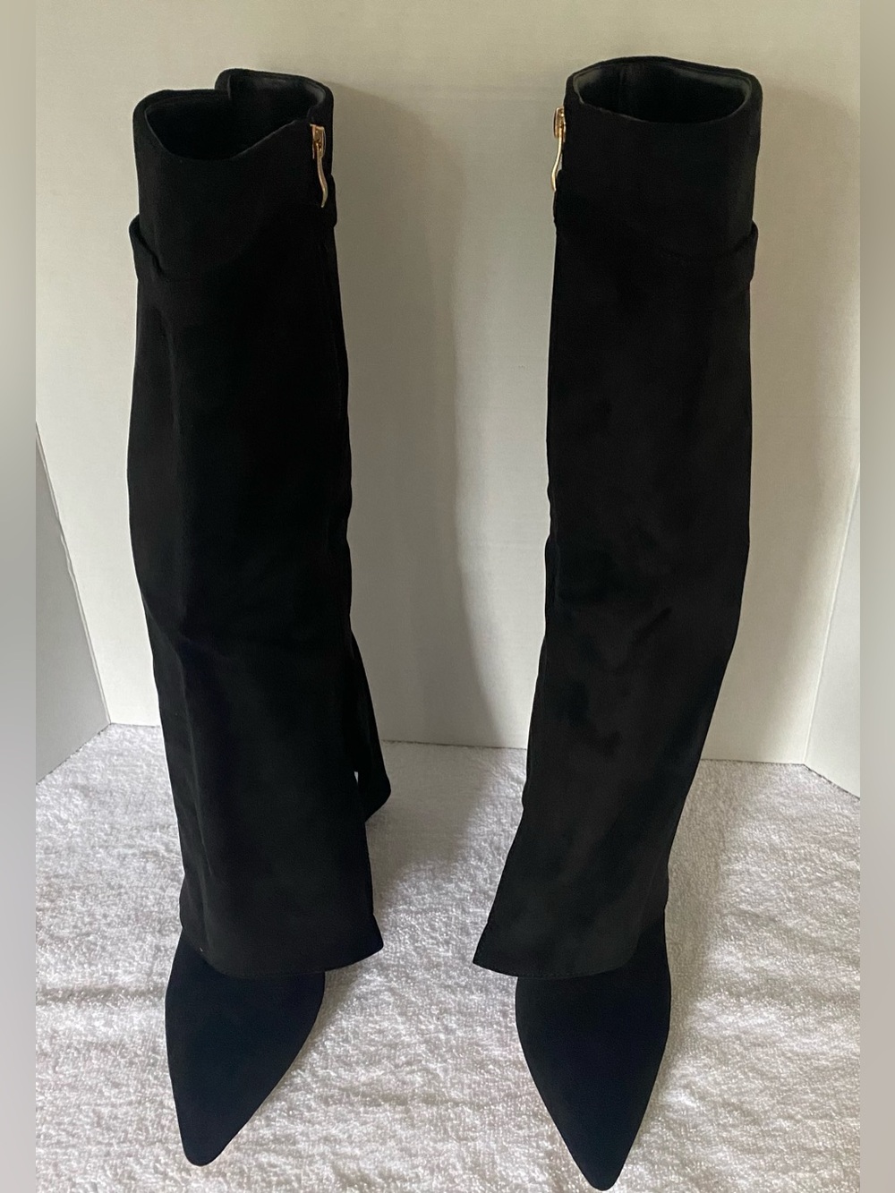 Hei Se Mo Sha NIB Black Faux Suede Fold-Over Cover Knee Boots Pointed Toe Sz 7.5